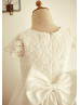 Cap Sleeves Ivory Lace Cotton Tea Length Flower Girl Dress 